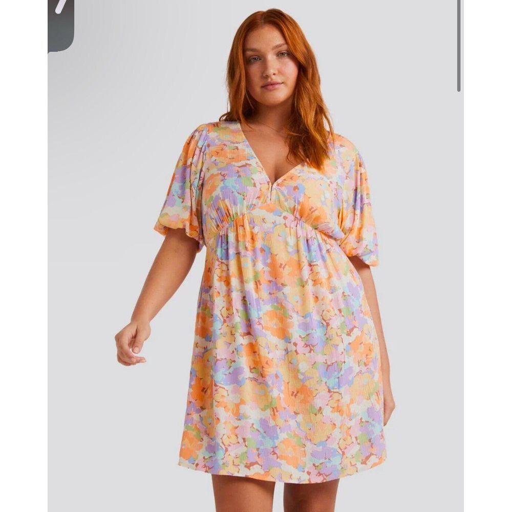 Billabong Women's Dream Floral Daisy Puff Sleeve Fit & Flare Mini Dress‎ Size L